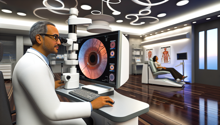 Un oftalmólogo hispano de unos 40 años examina una imagen digital de retina en una pantalla grande en una clínica de teleoftalmología moderna, mientras una paciente hispana de unos 60 años espera en el fondo. La imagen resalta el uso de tecnología avanzada para el diagnóstico de retinopatía.