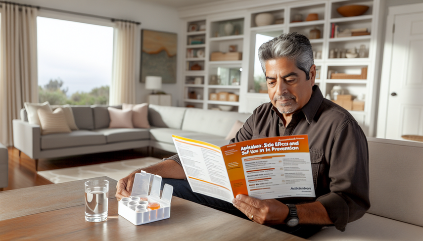 Hombre hispano de mediana edad leyendo un folleto médico sobre apixabán en una sala de estar moderna, con un organizador de pastillas y un vaso de agua en la mesa, simbolizando la gestión proactiva de la prevención de ictus.