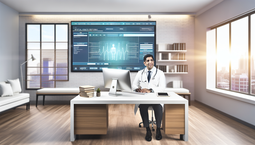 Oficina médica moderna con enfoque en digitalización. Un médico hispano en bata blanca está sentado frente a un monitor de computadora que muestra una interfaz de expediente médico digital con pestañas y gráficos organizados. En el fondo, una pantalla digital en la pared presenta un diagrama de flujo de gestión de datos de pacientes. La sala está iluminada con luz natural y decorada con plantas, destacando la integración de tecnología en la atención médica.