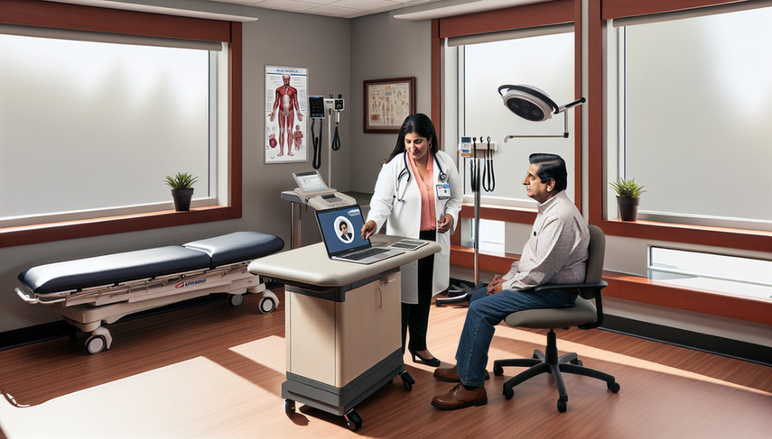 Una oncóloga hispana de unos 40 años, con bata blanca y estetoscopio, consulta un asistente virtual en su laptop junto a un paciente hispano de mediana edad en una sala de hospital moderna y luminosa. La interacción destaca el uso de tecnología para mejorar el soporte y la educación del paciente en oncología.