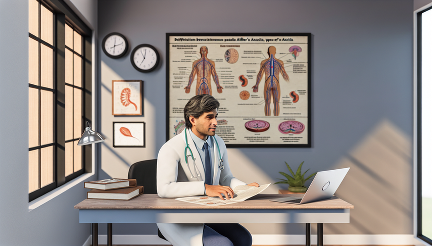 Consulta médica con un doctor hispano revisando un expediente médico en un escritorio con libros y una laptop mostrando el sistema nervioso. En la pared, un póster compara la ataxia de Friedreich con otras ataxias. La imagen resalta la importancia del diagnóstico preciso y la diferenciación de ataxias hereditarias.
