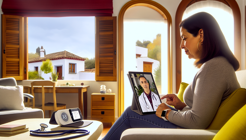 Una mujer española de mediana edad realiza una videollamada con un médico en un salón moderno y acogedor. En la mesa cercana, hay un monitor de presión arterial y un dispositivo para medir la glucosa, representando la telemonitorización en la atención domiciliaria.