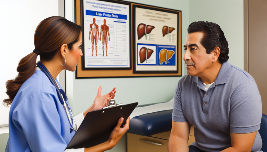 Un hombre hispano de mediana edad en el consultorio médico escucha atentamente a una doctora hispana que le muestra resultados de pruebas de función hepática y muscular. La doctora sostiene un portapapeles y señala un gráfico, destacando la importancia de monitorear la salud mientras se toma atorvastatina. La escena transmite confianza y profesionalismo.