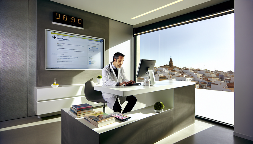 Consultorio médico moderno en España con un doctor hispano de mediana edad, concentrado en una pantalla de computadora que muestra una interfaz de prescripción electrónica. El ambiente es profesional y eficiente, destacando la automatización de recetas y la prescripción electrónica.