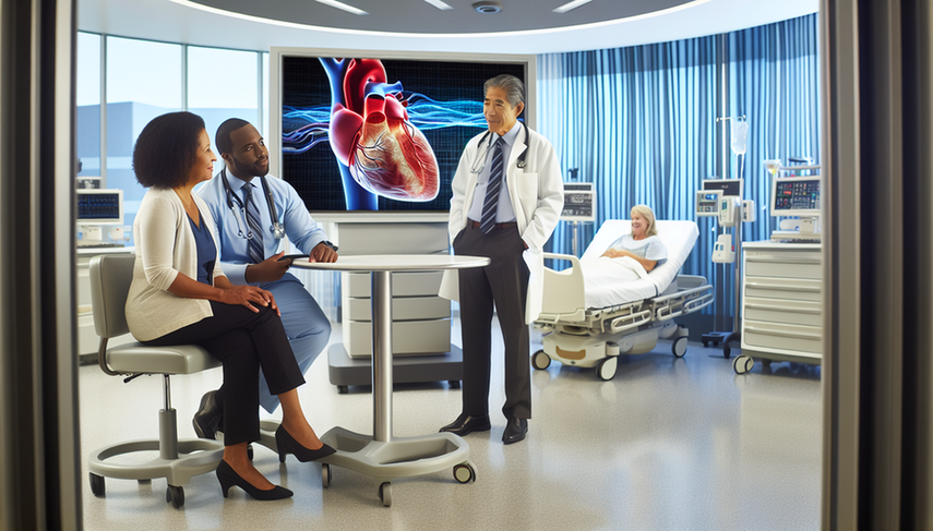 Un grupo diverso de cardiólogos discute frente a una pantalla digital que muestra un modelo 3D de un corazón humano con nuevas técnicas de tratamiento destacadas. Al fondo, una paciente sonriente interactúa con una enfermera en un entorno hospitalario moderno y bien equipado, simbolizando innovación y esperanza en el cuidado cardíaco.