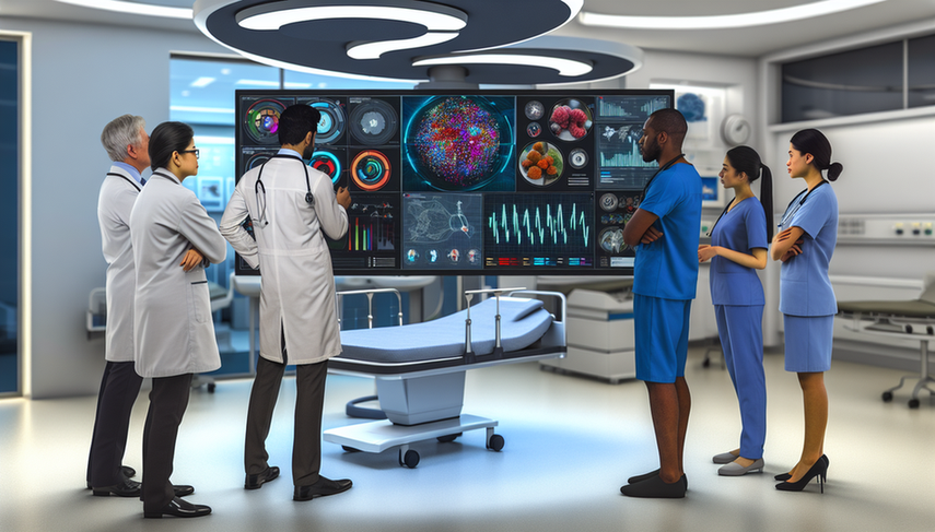 Un grupo diverso de profesionales de la salud, incluidos médicos, enfermeras y analistas de datos, se reúne en un hospital moderno alrededor de una pantalla digital grande que muestra visualizaciones de datos complejas, como gráficos y mapas de tendencias de salud y predicciones de brotes. La escena refleja innovación y trabajo en equipo en la integración de big data en el ámbito de la salud.