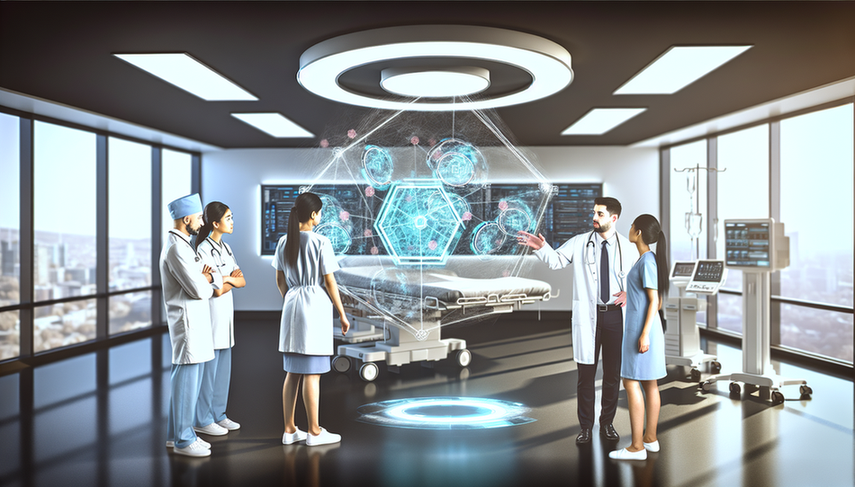 Un grupo diverso de profesionales de la salud, incluyendo un médico hispano y una enfermera asiática, se reúne alrededor de una interfaz digital holográfica que muestra una red de blockchain. La pantalla simboliza el intercambio seguro de datos en un entorno hospitalario moderno, destacando la colaboración e innovación en la gestión de datos médicos.
