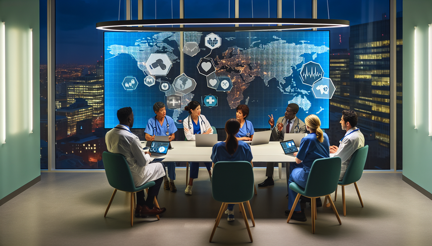 Un grupo diverso de médicos de diferentes partes del mundo se reúne en una sala de conferencias de un hospital moderno, centrados en una pantalla digital que muestra un mapa mundial con regiones destacadas y gráficos de datos. La escena refleja la colaboración global y el enfoque en los desafíos y oportunidades de implementar tecnologías médicas digitales y de IA, especialmente en relación con la brecha digital y la desigualdad en el acceso en países en desarrollo.
