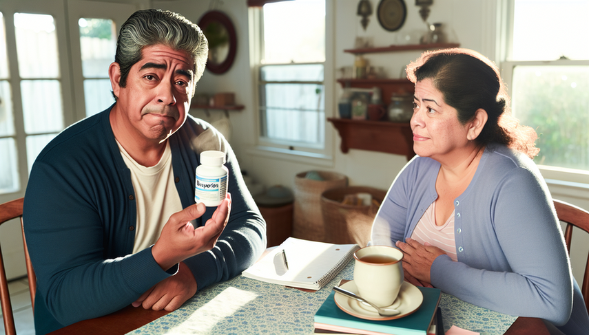 Un hombre y una mujer hispanos de mediana edad sentados en una mesa de cocina bien iluminada. El hombre sostiene un frasco de prescripción etiquetado 'Bupropión' con expresión pensativa, mientras la mujer lo mira con una sonrisa de apoyo. La escena sugiere un ambiente cálido y alentador, relacionado con el uso de Bupropión para la depresión y el cese del tabaquismo.