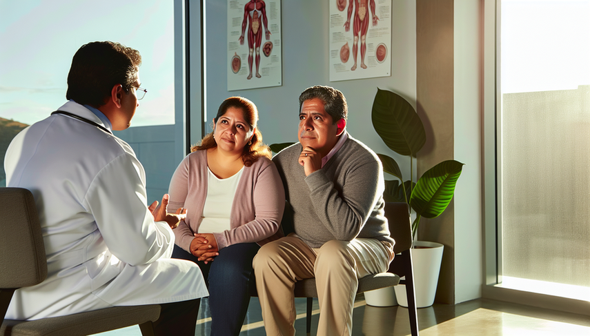 Un médico hispano en bata blanca explica a una pareja hispana de mediana edad el sistema digestivo usando un diagrama en una tableta, señalando el área del colon. La consulta médica es moderna y bien iluminada, con carteles sobre la concienciación del cáncer colorrectal.