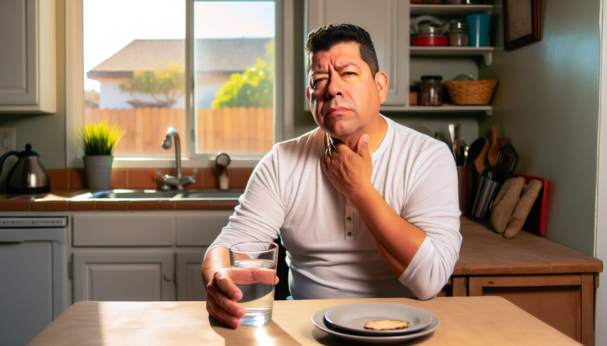 Hombre hispano de mediana edad sentado en una cocina, mostrando preocupación mientras toca su garganta, sugiriendo posible disfagia. En la mesa hay un vaso de agua y un plato con pan sin tocar, indicando dificultad para tragar.