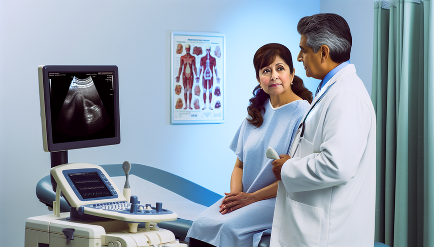 Consulta médica en una clínica moderna: una mujer hispana de mediana edad, con bata azul, escucha atentamente a un médico hispano que señala una imagen de ecografía de un nódulo tiroideo en la pantalla de una computadora. El médico sostiene una sonda de ultrasonido, destacando la importancia del diagnóstico temprano del cáncer de tiroides.