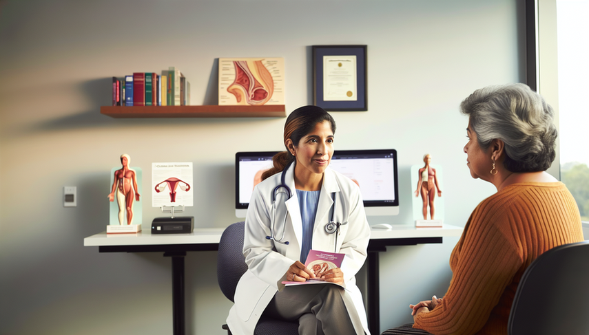Consulta médica con doctora hispana explicando a paciente sobre cáncer de vulva. La paciente sostiene un folleto titulado 'Cáncer de Vulva'. En la mesa hay modelos anatómicos del sistema reproductivo femenino y una computadora con un diagrama de la vulva. El ambiente es profesional y educativo.