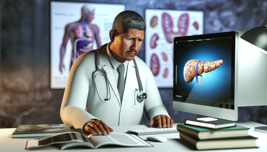 Un médico hispano de unos 40 años, con bata blanca y estetoscopio, revisa atentamente un expediente médico en una oficina moderna. En el escritorio, hay libros de medicina y una computadora con un modelo 3D del páncreas, destacando áreas afectadas por cáncer. Al fondo, un diagrama del sistema digestivo humano con el páncreas etiquetado. La escena refleja un ambiente de investigación médica sobre el cáncer de páncreas.