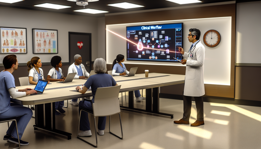 Un grupo diverso de profesionales de la salud participa en una sesión de capacitación en un hospital moderno. Un médico hispano de unos 40 años, con bata blanca y gafas, señala un diagrama de flujos de trabajo clínico en una pantalla digital. Alrededor de una mesa de conferencias, otros profesionales, incluyendo una enfermera negra y un médico asiático, colaboran activamente. En las paredes, hay carteles que destacan la importancia del trabajo en equipo y la comunicación.