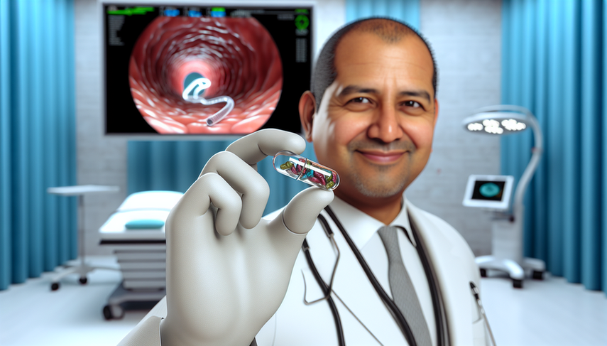 Un médico hispano de unos 40 años, con bata blanca y estetoscopio, sostiene una cápsula endoscópica transparente, mostrando su cámara y luces LED. En el fondo, un monitor de alta tecnología muestra imágenes del tracto gastrointestinal capturadas por la cápsula, en un entorno médico moderno y bien iluminado.