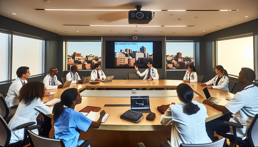 Sala de conferencias de hospital moderna con un grupo diverso de médicos discutiendo casos clínicos de fallos diagnósticos. Un doctor señala una diapositiva titulada 'Aprendiendo de los Errores' mientras otros toman notas. La atmósfera es colaborativa y educativa, con énfasis en la mejora continua y la cultura de seguridad.