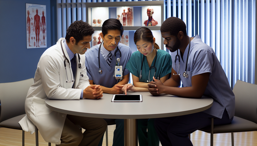 Un grupo diverso de profesionales de la salud, incluyendo un médico hispano, una enfermera asiática y un técnico médico afroamericano, revisan un checklist detallado en una tablet en una sala de conferencias hospitalaria. La escena refleja un ambiente colaborativo y profesional, destacando la importancia de los procedimientos estandarizados y la reducción de errores mediante protocolos clínicos.