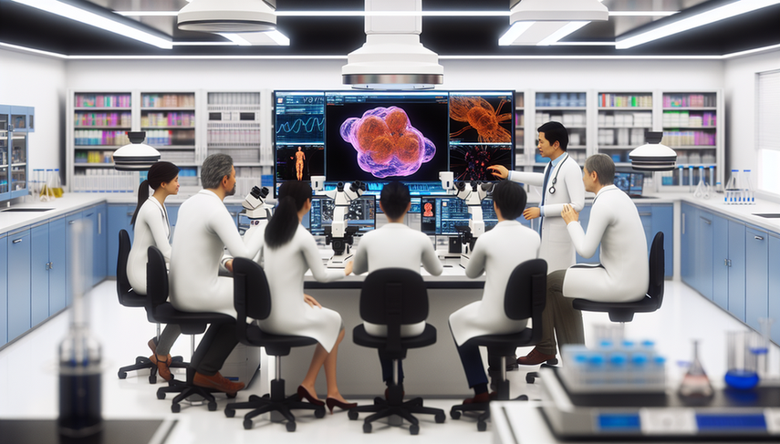 Un laboratorio médico moderno con un equipo diverso de científicos y médicos, incluyendo un hombre hispano y una mujer asiática, reunidos alrededor de una pantalla de computadora que muestra un modelo 3D de un tumor con datos de biomarcadores. El ambiente es de colaboración e innovación, con equipos de última generación y estanterías con libros y revistas médicas al fondo.