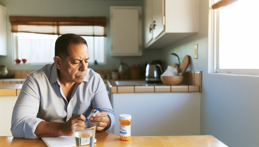 Hombre hispano de mediana edad sentado en una mesa de cocina, observando pensativamente un frasco de pastillas abierto etiquetado 'Clopidogrel' en español. La escena sugiere que está considerando su medicación, con un vaso de agua y un bloc de notas a su lado. La atmósfera es cálida y hogareña.