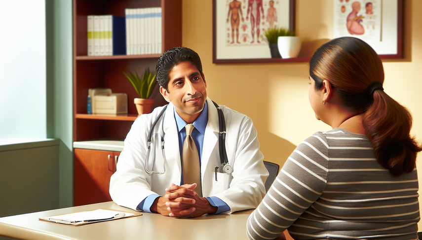 Consultorio médico acogedor con iluminación natural. Un médico hispano de unos 40 años, con bata blanca y expresión amigable, escucha atentamente a una paciente hispana de unos 30 años. Ambos mantienen contacto visual, reflejando empatía y comprensión. En el escritorio hay gráficos médicos y un estetoscopio, sugiriendo el entorno médico. La escena transmite confianza y comunicación efectiva.
