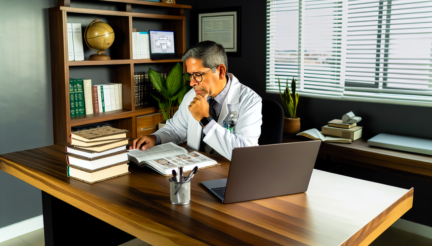 A middle-aged Hispanic doctor in a white coat and glasses is seated at a modern office desk, intently reading an open medical journal. On the desk, there is an organized stack of medical journals and a laptop displaying a digital library interface. The doctor holds a pen, ready to take notes on a nearby notepad. In the background, a bookshelf filled with medical books and journals is visible, along with a window allowing natural light to illuminate a plant on the windowsill. This scene reflects dedication and focus on medical updates and systematic reviews in scientific literature for continuing education.