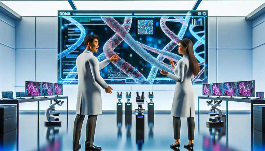 Un equipo diverso de científicos en un laboratorio moderno, centrados en una pantalla digital interactiva que muestra una cadena de ADN compleja entrelazada con código binario, simbolizando la integración de la tecnología CRISPR y la inteligencia artificial. La atmósfera refleja innovación y la investigación de vanguardia en modelos predictivos para terapias génicas.