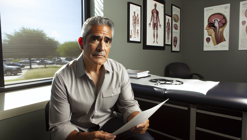 Un hombre hispano de mediana edad en un consultorio médico moderno, concentrado en un gráfico médico. A su lado, libros médicos y un estetoscopio, con gráficos anatómicos en la pared, destacando uno del cerebro. La escena refleja un ambiente de investigación médica, relacionado con la degeneración corticobasal y el parkinsonismo atípico.