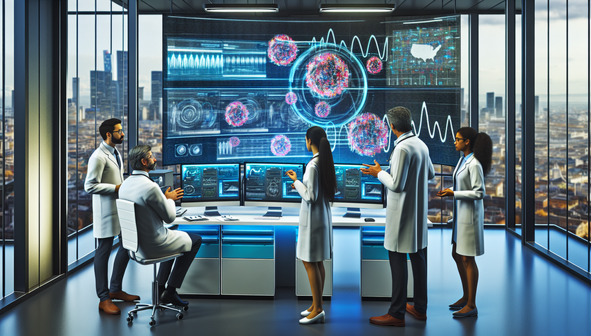 Un laboratorio moderno y de alta tecnología con un equipo diverso de científicos y médicos de ascendencia hispana colaborando alrededor de una gran pantalla digital. La pantalla muestra visualizaciones de datos complejos, mapas y gráficos coloridos sobre datos epidemiológicos y detección de brotes. El ambiente refleja innovación y trabajo en equipo, centrado en el uso de big data para el diagnóstico preventivo.
