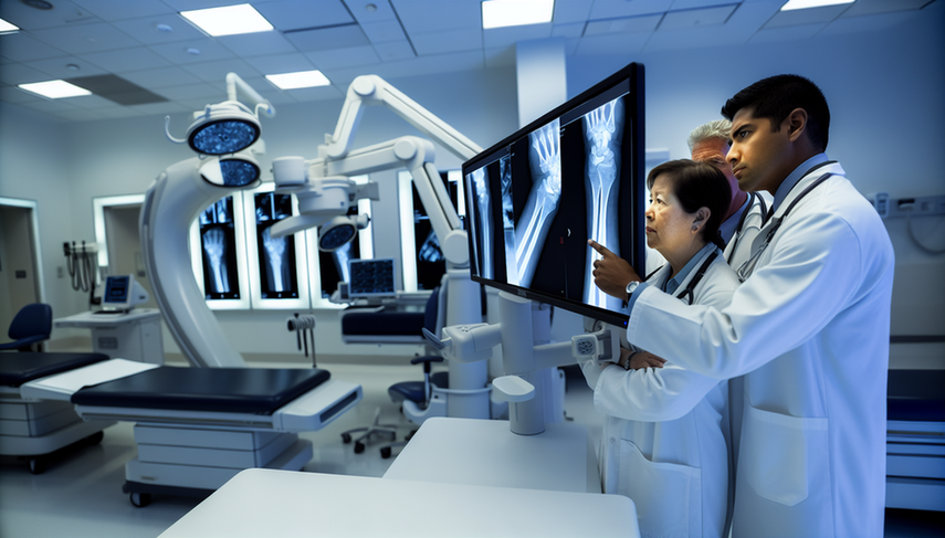 Sala de radiología moderna con un monitor de alta resolución mostrando una imagen detallada de rayos X de un brazo humano con fractura visible. Un grupo diverso de médicos, incluyendo un doctor hispano y una doctora asiática, examinan atentamente la imagen, destacando el uso de tecnología de deep learning en el diagnóstico médico.