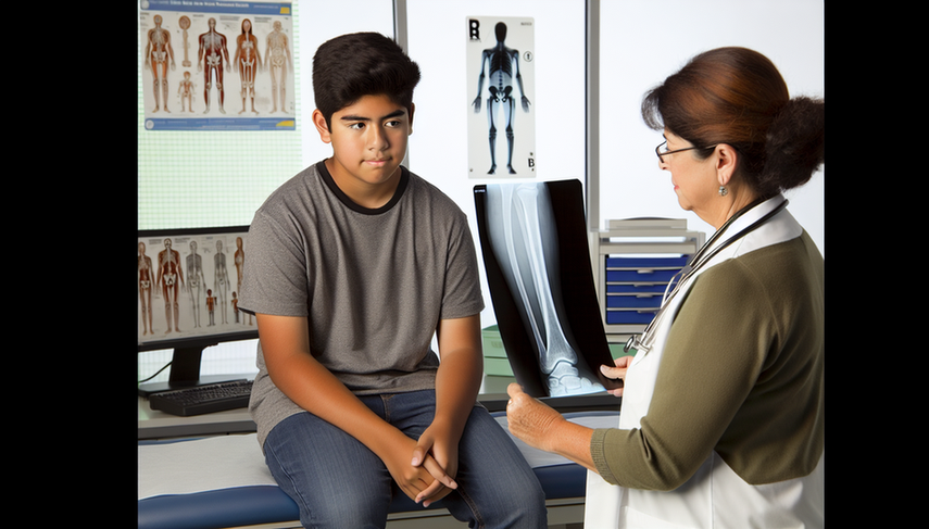 Un joven hispano de 15 años en una sala de examen médico moderno, con una doctora hispana mostrando una radiografía de hueso que indica un posible osteosarcoma. La doctora explica los resultados, destacando la importancia de la detección precoz y la evaluación radiográfica.