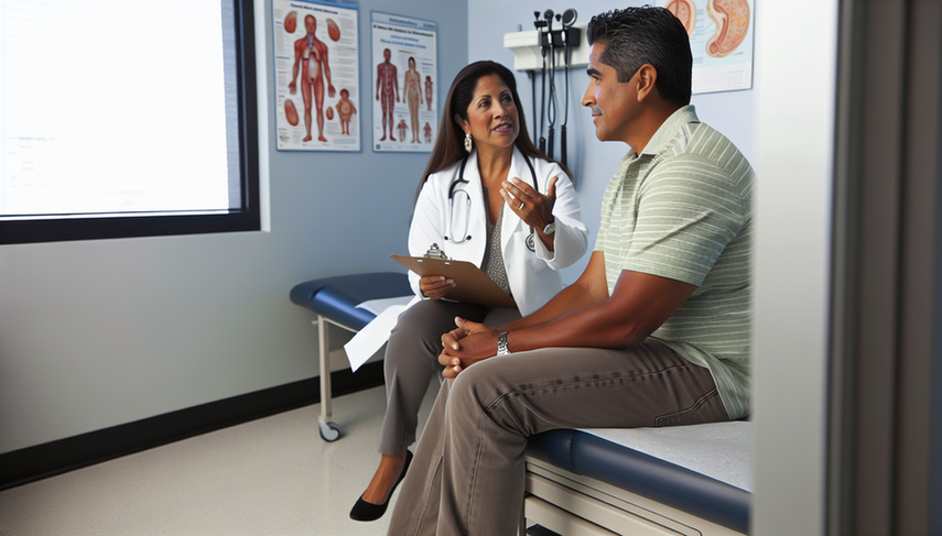 Un hombre hispano de mediana edad en una consulta médica moderna, observando atentamente a una doctora hispana que sostiene una radiografía de tórax. La doctora señala un área específica en la imagen, destacando la importancia de la detección temprana y las pruebas clave en el cáncer de pulmón de células pequeñas.