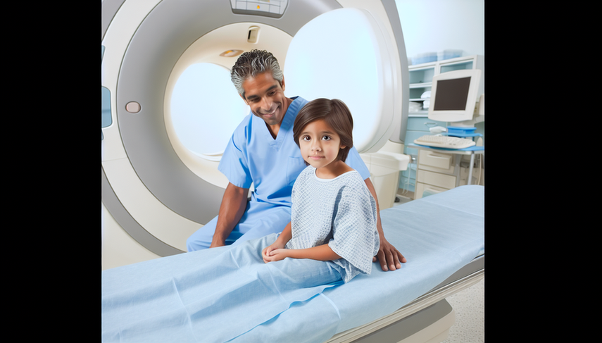 Un niño de aproximadamente 6 años, de ascendencia hispana, sentado en una cama de hospital en una sala de imágenes médicas moderna. Lleva una bata de hospital azul claro y observa con curiosidad una máquina de resonancia magnética avanzada. Un radiólogo hispano le explica el procedimiento, creando un ambiente de apoyo y tranquilidad, destacando la importancia de la detección temprana del meduloblastoma en el diagnóstico pediátrico.