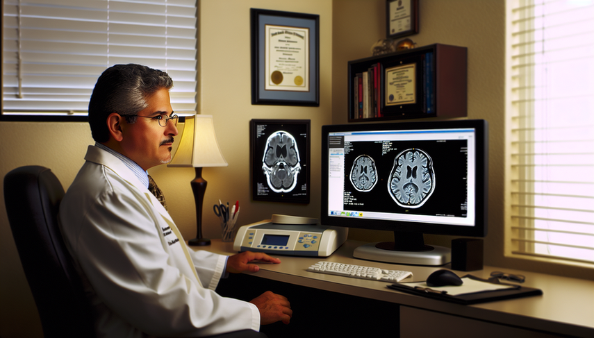 Un neurólogo hispano de mediana edad revisa atentamente una imagen de resonancia magnética de un cerebro en una pantalla de computadora, destacando áreas asociadas con la enfermedad de Alzheimer. En el fondo, se observa un test de evaluación cognitiva sobre un escritorio. La escena transmite profesionalismo y dedicación en el diagnóstico de Alzheimer.