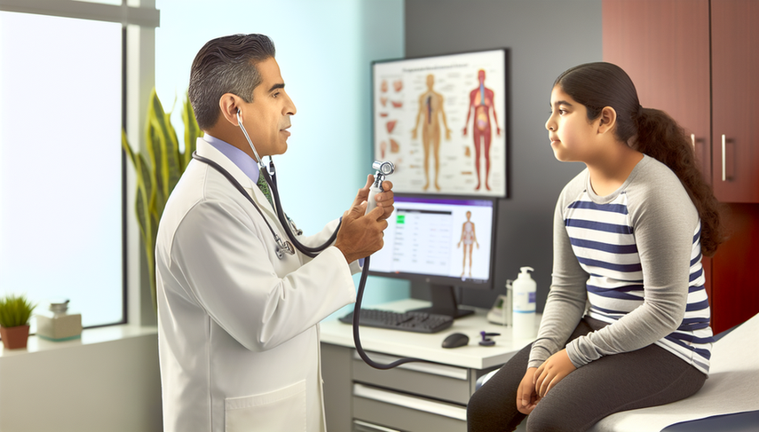 Un médico hispano de unos 40 años, con bata blanca y estetoscopio, muestra a una adolescente hispana cómo usar un espirómetro en un consultorio médico moderno. En el fondo, se observa un gráfico del sistema respiratorio y una pantalla con resultados de espirometría. La escena refleja un ambiente profesional y acogedor, relevante para el diagnóstico de asma.