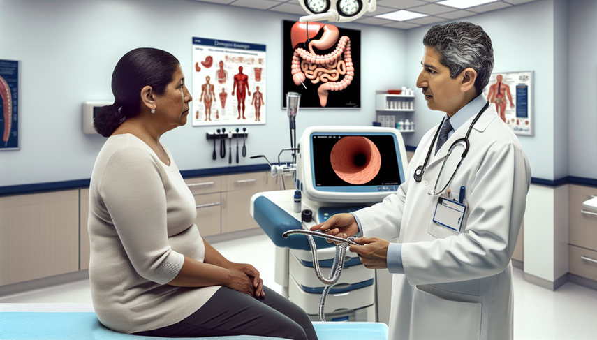 Un médico hispano de unos 40 años, con bata blanca y estetoscopio, explica un procedimiento a una paciente hispana de unos 50 años, usando un modelo del estómago humano. En el fondo, se observa una máquina de endoscopia con una imagen clara del revestimiento del estómago en el monitor. La escena refleja un entorno profesional y de cuidado, destacando la comunicación médico-paciente en el diagnóstico del cáncer gástrico.