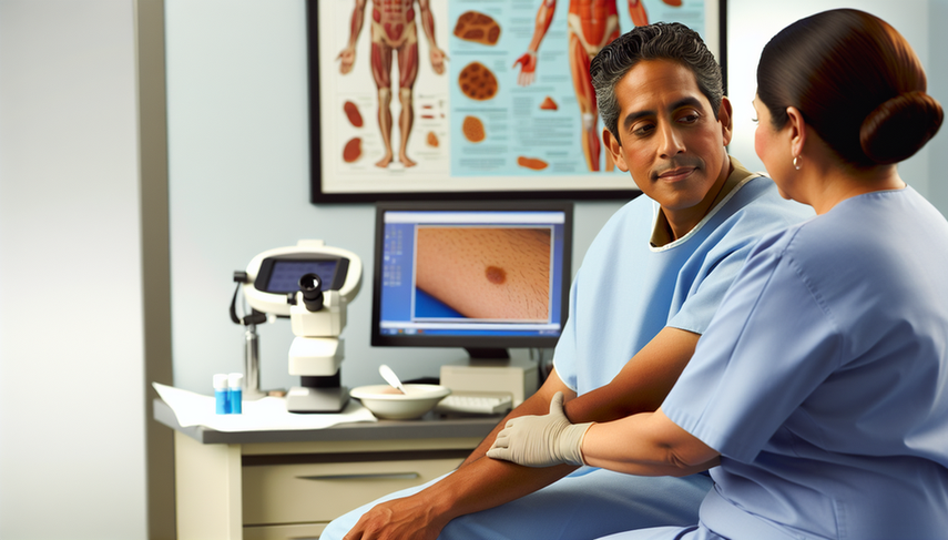 Primer plano de una consulta dermatológica: un paciente hispano de mediana edad en una mesa de examen, con una dermatóloga hispana examinando un lunar irregular en su antebrazo con un dermatoscopio. La sala está bien iluminada, con herramientas médicas y una computadora mostrando una imagen digital de una lesión cutánea.