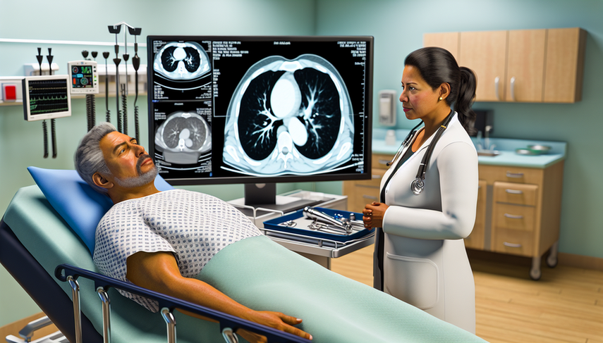 Imagen de un entorno hospitalario moderno donde un paciente hispano de mediana edad está en una cama, mientras una doctora hispana le explica los resultados de una TC torácica en una pantalla, mostrando secciones transversales de los pulmones. En el fondo, una enfermera prepara una bandeja para broncoscopia. La escena refleja un enfoque colaborativo en el diagnóstico del cáncer de pulmón.