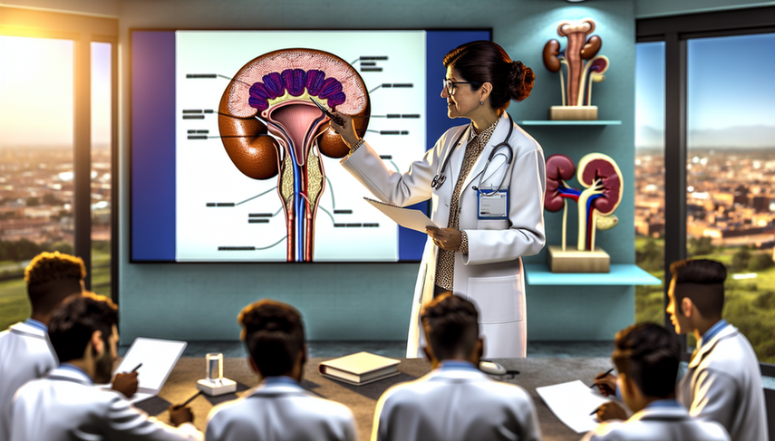 Doctora hispana en consultorio médico moderno, explicando a estudiantes de medicina un diagrama del sistema urinario en español. Señala la vejiga, destacando su relación con el diagnóstico de cistitis y la diferenciación de infecciones urinarias altas.
