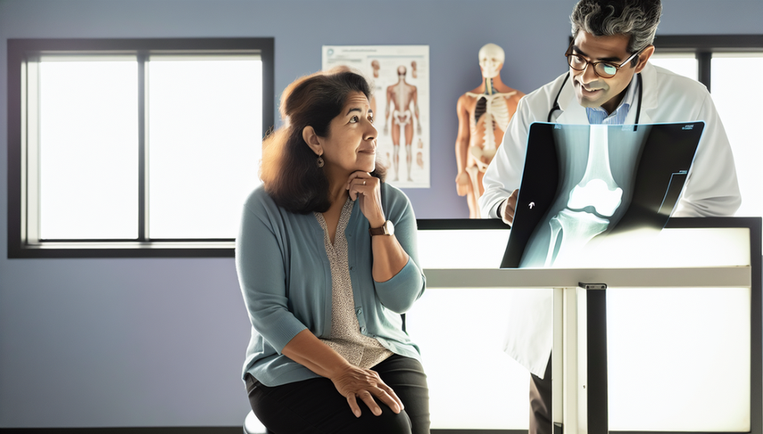 Mujer hispana de mediana edad en consultorio médico observando una radiografía de rodilla con signos de artrosis, como estrechamiento del espacio articular y osteofitos. Un médico hispano señala la imagen, ilustrando el proceso diagnóstico de la artrosis.