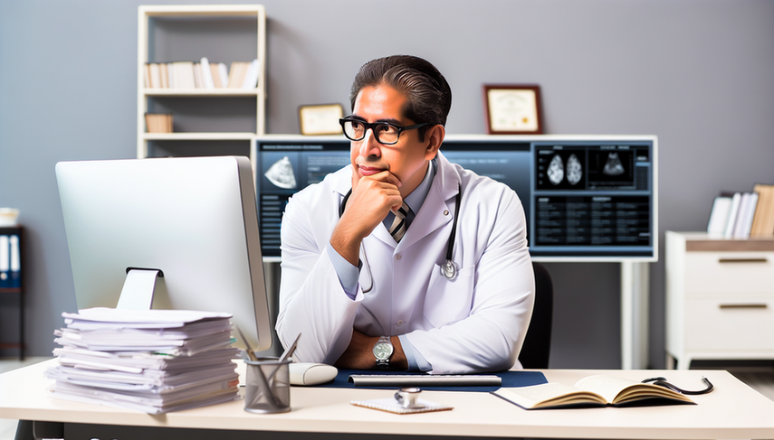 Médico hispano de mediana edad con bata blanca y gafas, sentado en un escritorio en una oficina médica moderna, observando atentamente una pantalla de computadora con escalas clínicas y herramientas de diagnóstico para la depresión. En el escritorio hay libros médicos abiertos, un estetoscopio y un bloc de notas con apuntes. Al fondo, una estantería con literatura médica y un diploma enmarcado. La imagen transmite un ambiente profesional y enfocado en el diagnóstico de la depresión.