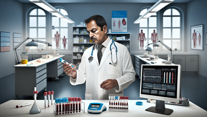 Un médico hispano de unos 40 años, con bata blanca y estetoscopio, examina atentamente una muestra de sangre en un tubo de ensayo en un laboratorio médico moderno. En la mesa hay un glucómetro y una computadora que muestra un gráfico de niveles de glucosa en sangre. Al fondo, se observan estantes con suministros médicos y un póster sobre los criterios de diagnóstico de la Diabetes Mellitus tipo 2. La imagen refleja un ambiente de investigación médica y diagnóstico enfocado y profesional.