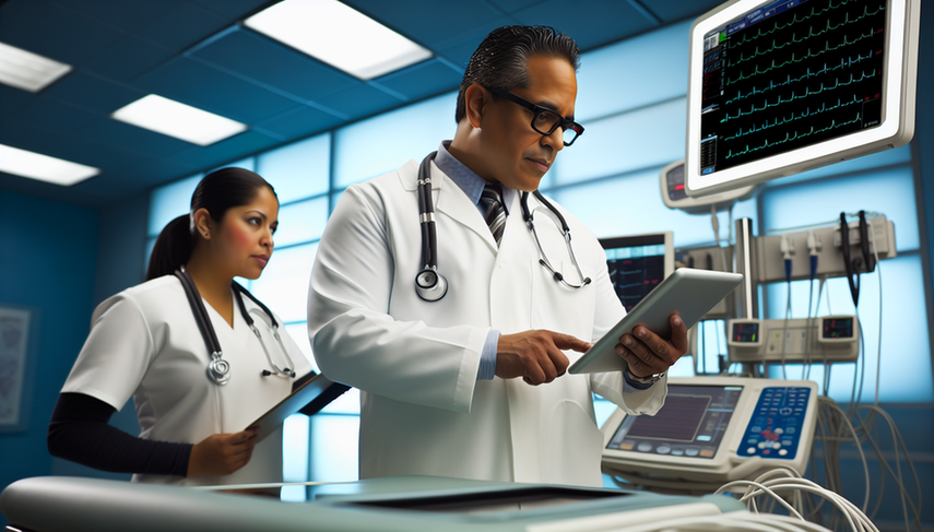 Un médico hispano de unos 40 años, con bata blanca y estetoscopio, analiza un electrocardiograma digital en una tablet en una sala de hospital moderna. A su lado, una enfermera hispana en sus 30 años sostiene un portapapeles, lista para asistir. El monitor de ECG muestra un electrocardiograma detallado, destacando el uso de tecnología avanzada en el diagnóstico de arritmias.