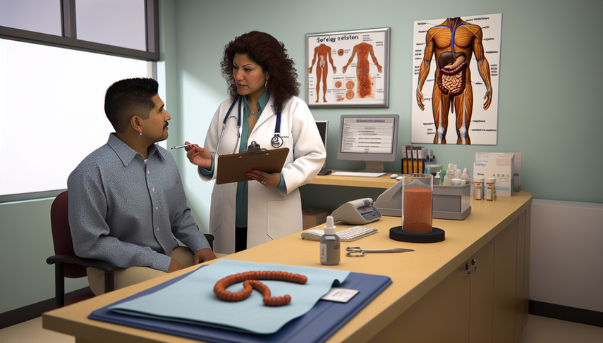 Consulta médica en una sala bien iluminada, donde una doctora hispana de unos 40 años, con bata blanca y estetoscopio, explica a un paciente hispano de unos 30 años sobre la enfermedad celíaca. La doctora sostiene un portapapeles con gráficos médicos relacionados con la enfermedad. En el escritorio hay herramientas médicas, un modelo del sistema digestivo y una pantalla de computadora mostrando resultados de pruebas serológicas. Un póster en la pared ilustra el intestino delgado, destacando áreas afectadas por la enfermedad celíaca.