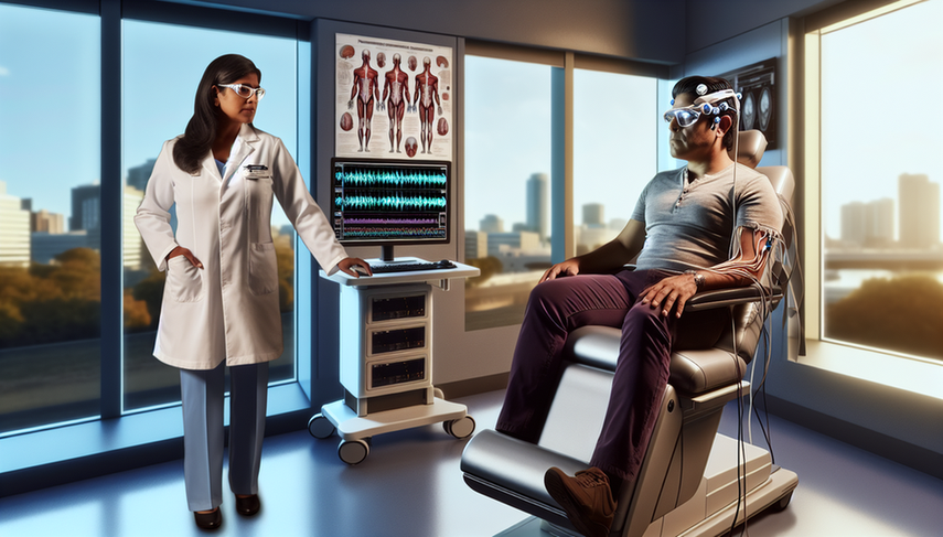 Sala de examen médico moderna centrada en diagnósticos neuromusculares. Un paciente hispano de unos 40 años está conectado a una máquina avanzada de electromiografía (EMG) con pantallas digitales que muestran gráficos y datos. Una doctora hispana de unos 50 años analiza los resultados en una tablet, destacando el uso de inteligencia artificial en el diagnóstico médico.