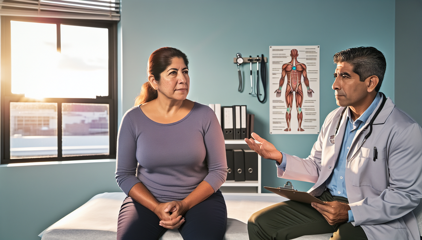 Una mujer hispana de mediana edad en el consultorio médico, atenta mientras el doctor hispano le explica los puntos sensibles asociados con la fibromialgia en un diagrama del cuerpo humano. El ambiente es profesional y cálido, reflejando confianza y comprensión.