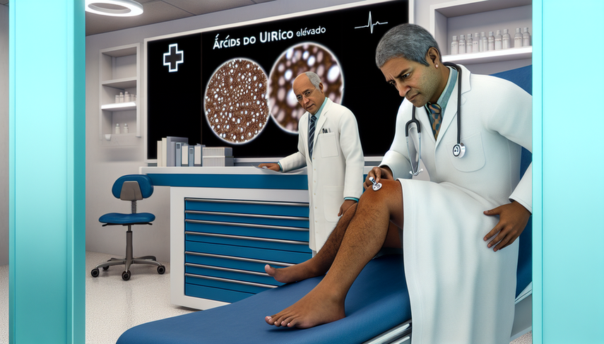 Fotografía de un médico hispano realizando una artrocentesis en la rodilla de un paciente en una clínica moderna. En el fondo, una pantalla digital muestra cristales de ácido úrico bajo un microscopio con el texto 'Ácido Úrico Elevado'