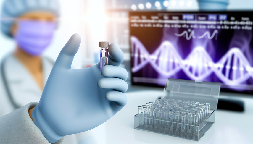 Mano enguantada sosteniendo un vial transparente con muestra de PCR en un laboratorio, simbolizando el diagnóstico del herpes genital mediante tecnología moderna.