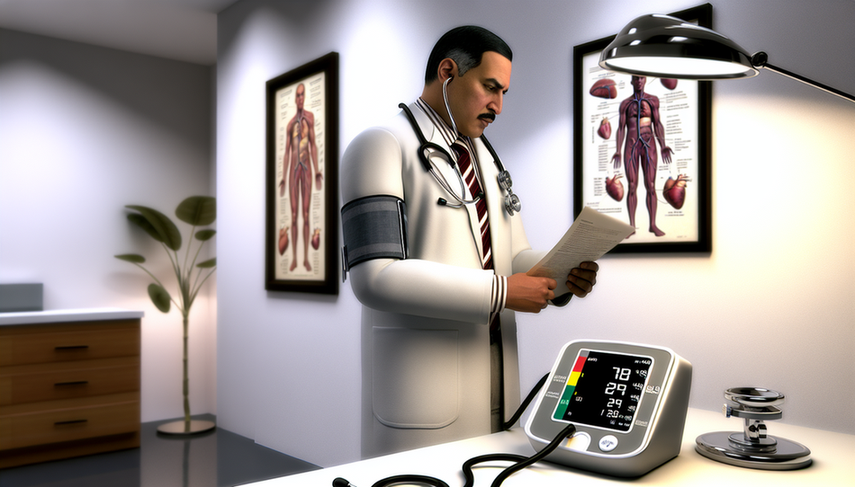 Un médico hispano de unos 40 años, con bata blanca y estetoscopio, revisa atentamente un expediente médico en un consultorio moderno. Junto a él, un monitor digital de presión arterial muestra una lectura. Al fondo, un gráfico anatómico del sistema cardiovascular humano. La escena refleja un entorno profesional y tranquilo, subrayando la importancia del diagnóstico preciso y la toma de decisiones clínicas en la gestión de la hipertensión.