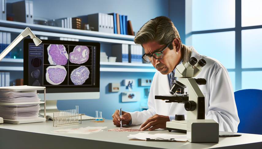 Patólogo hispano de unos 40 años, con bata blanca y gafas, examina una muestra de biopsia ganglionar bajo un microscopio en un laboratorio médico moderno. Al fondo, se observan estantes con libros médicos y una computadora con imágenes histológicas de linfomas, destacando la precisión en el diagnóstico de linfoma.